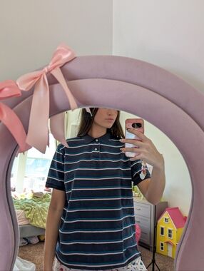 Merona Navy Polo with Teal and White Stripes Size Large